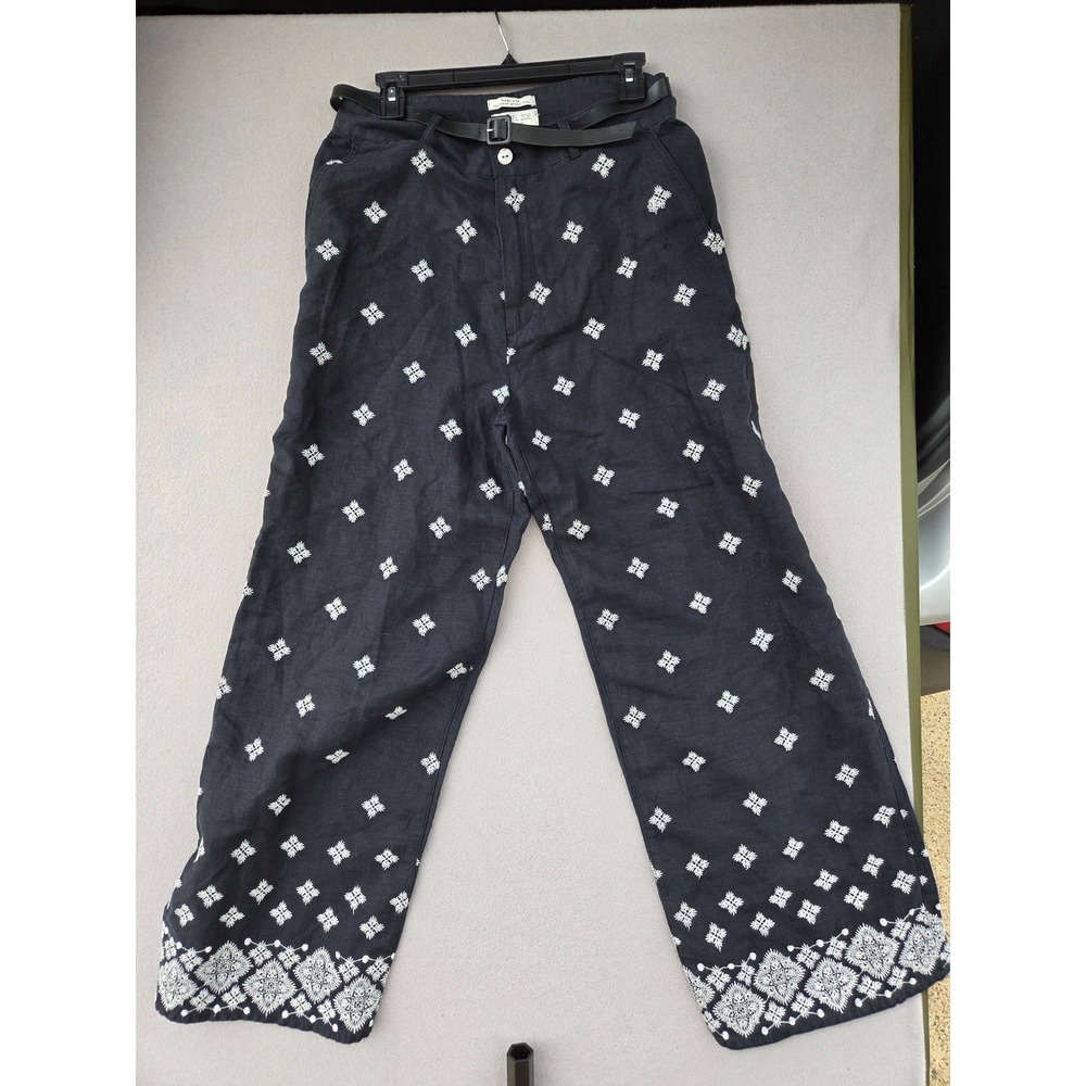 Rachel Zoe Navy Blue 100% Linen Embroidered Wide Leg Pants with Belt Size 12